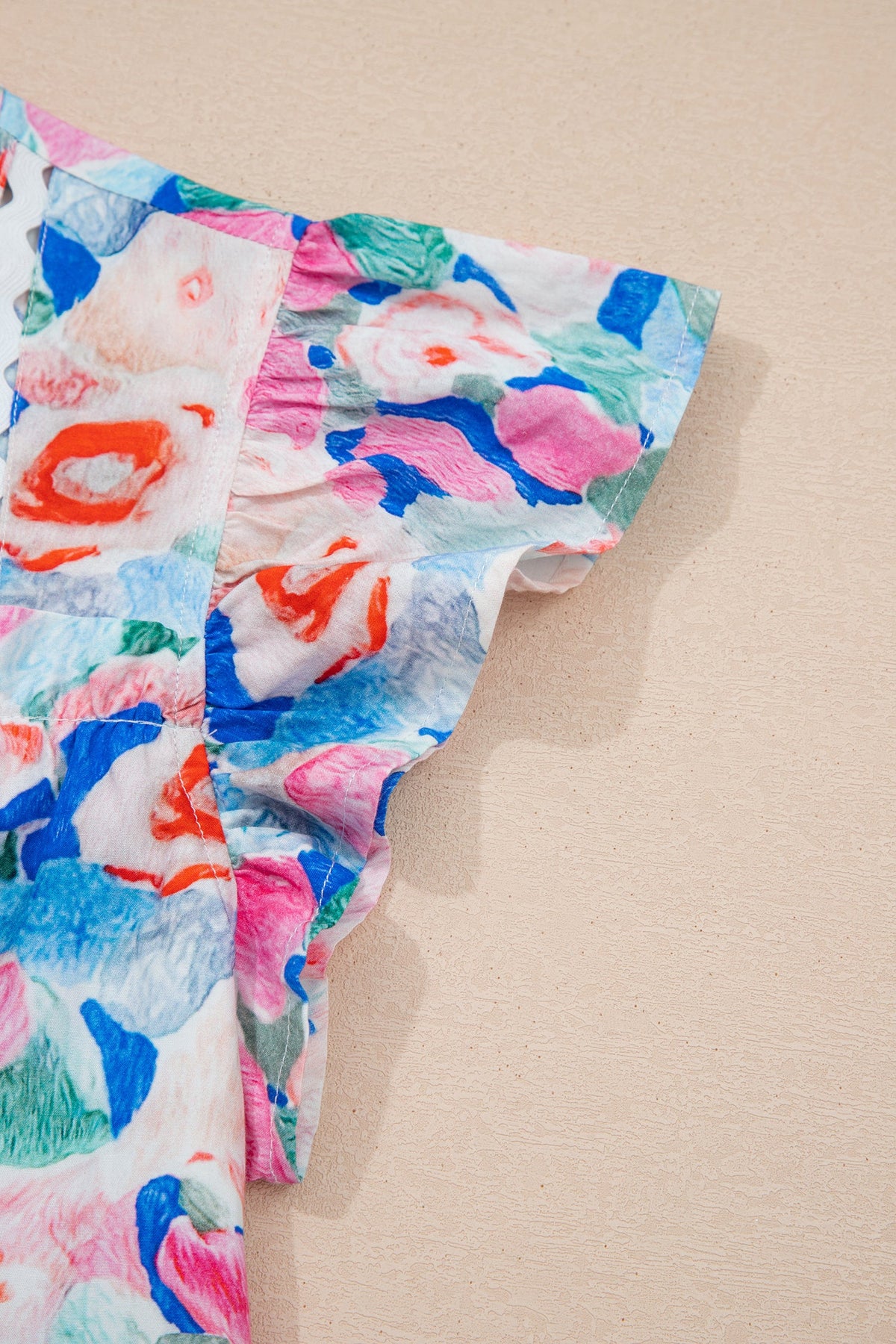 Floral Tie V-Neck Ruffle Short Sleeve Blouse