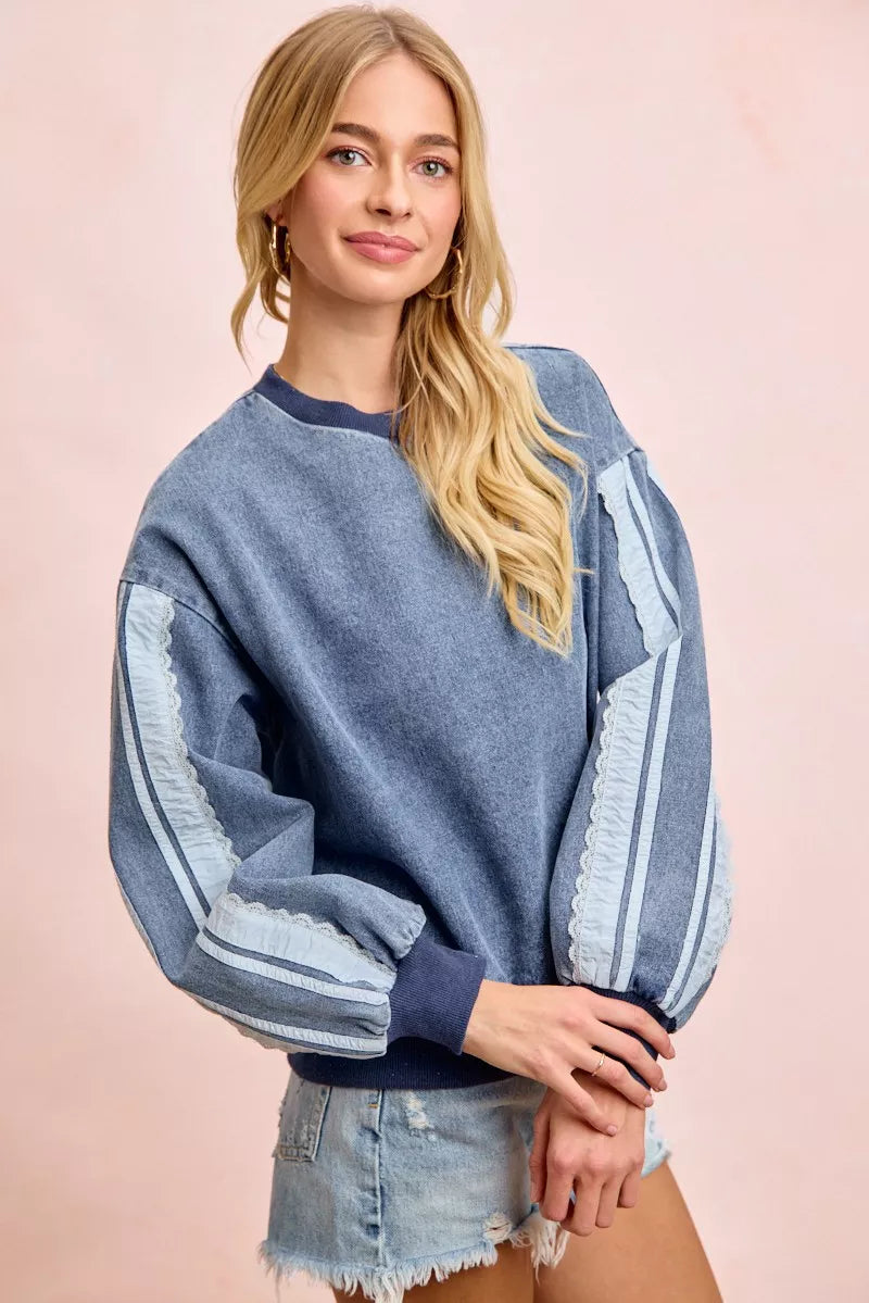 Washed Denim Lace Contrast Sided Sweatshirt by BiBi
