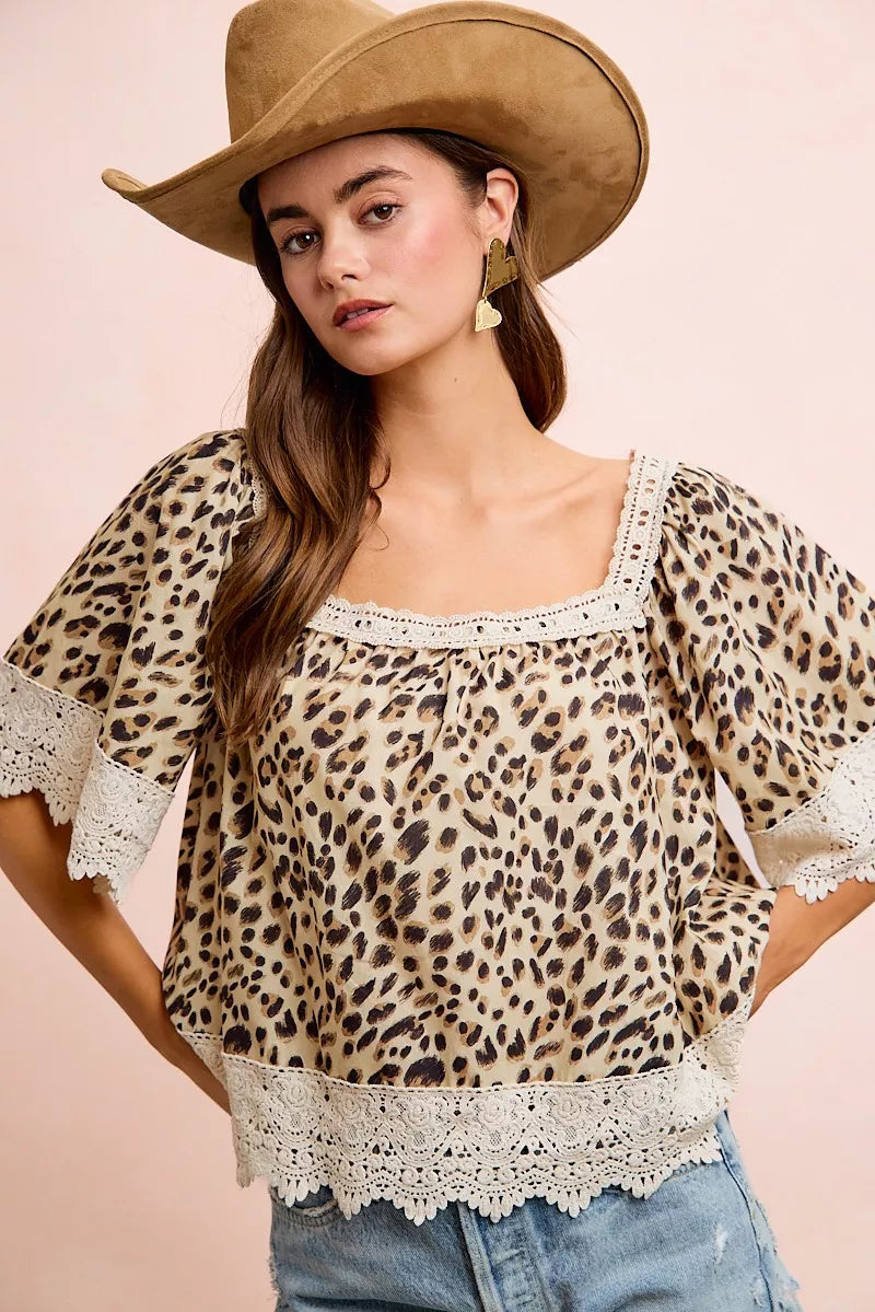 Leopard Lace Mix And Match Square Neckline Short Sleeve Top by BiBi