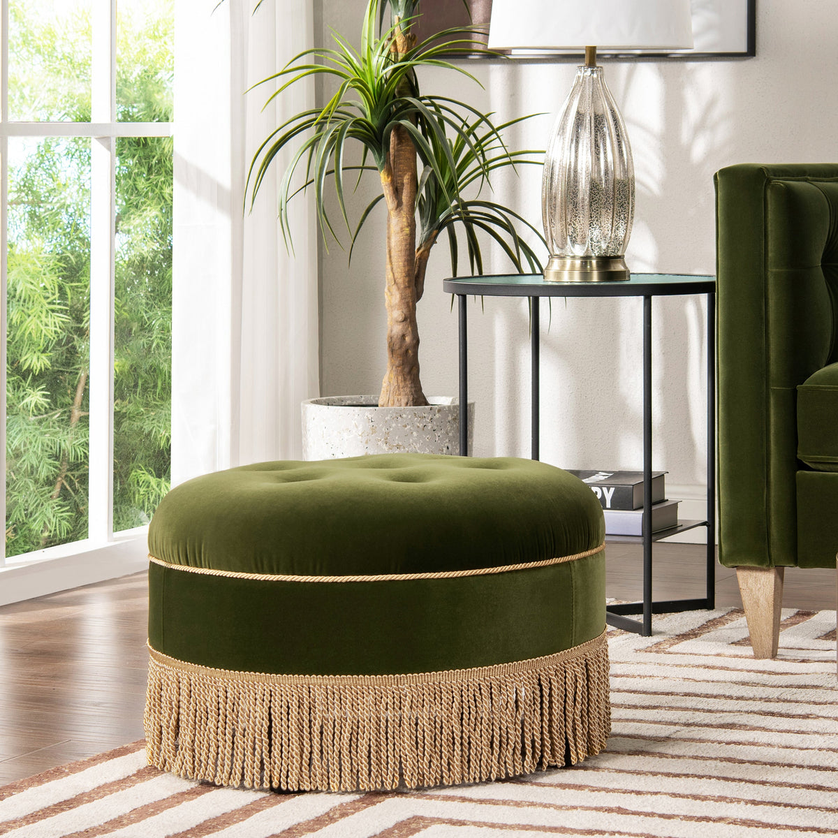 Yolanda 24" Round Upholstered Accent Ottoman, Olive