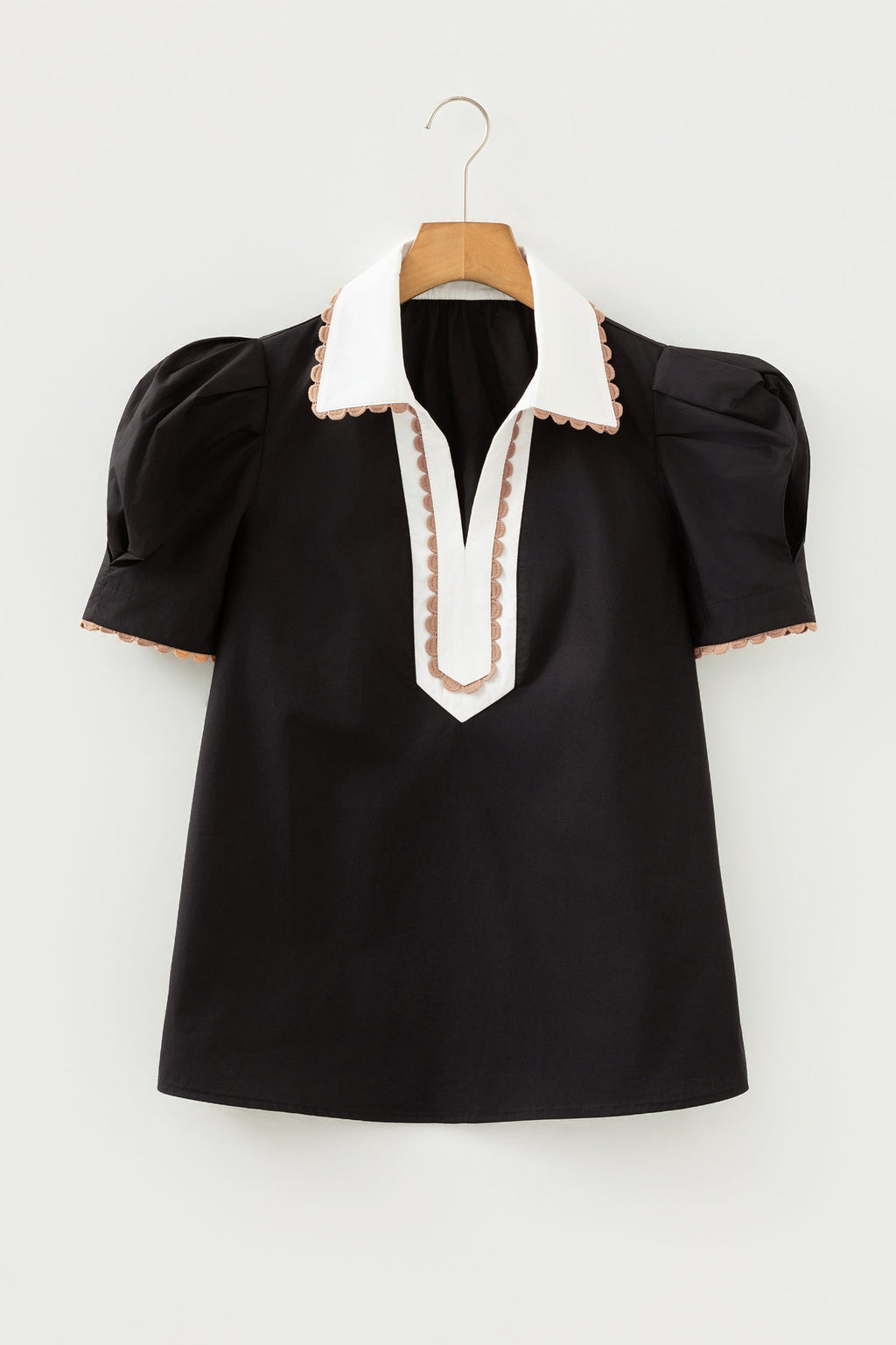 Colorblock Ricrac Trim Collared Short Sleeve Blouse