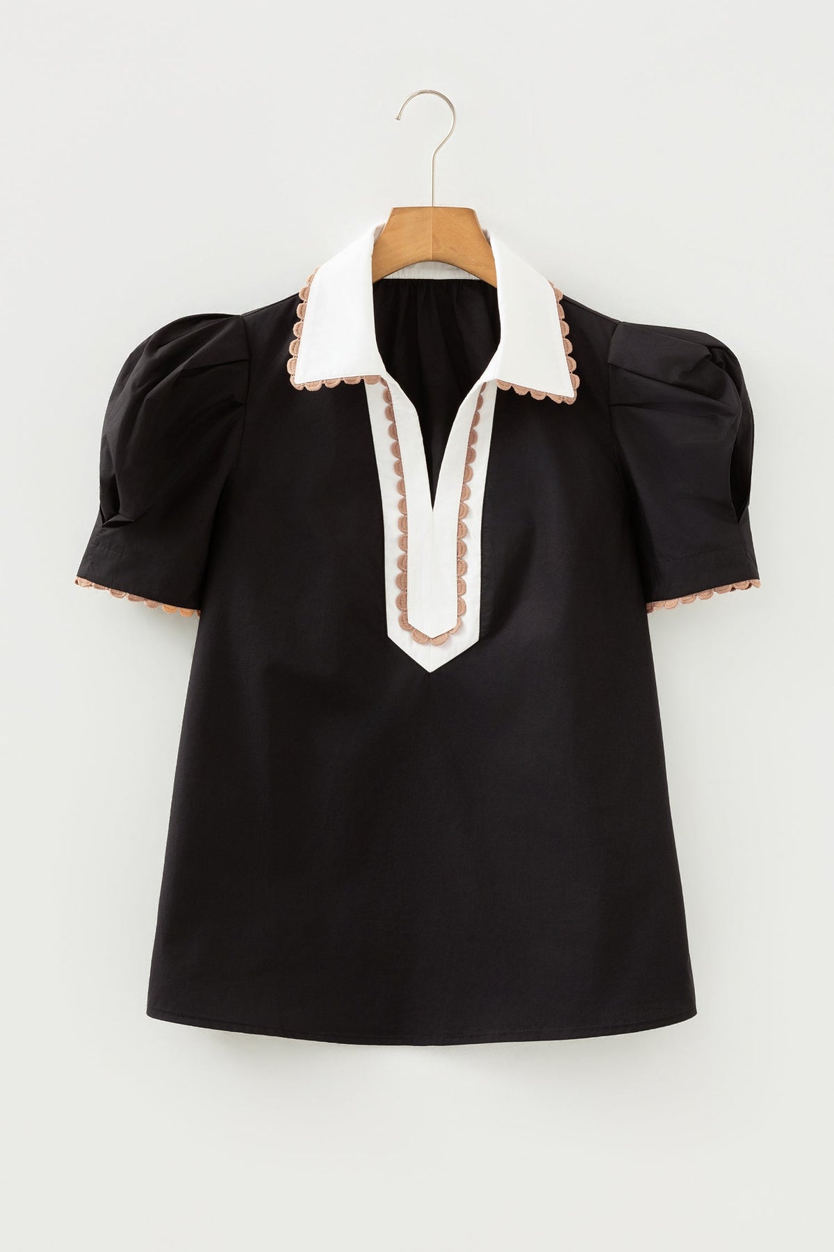Colorblock Ricrac Trim Collared Short Sleeve Blouse