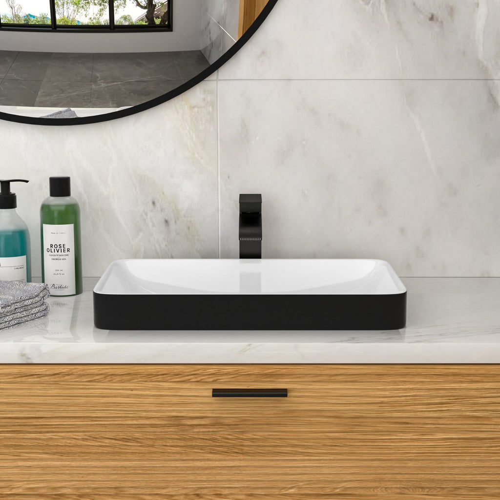 19"x12" White & Black Semi-Recessed Ceramic Bathroom Sink