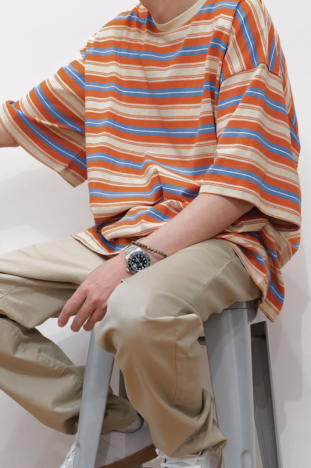 Loose-fitting Candy-colored Pinstripe Short-sleeve T-shirt