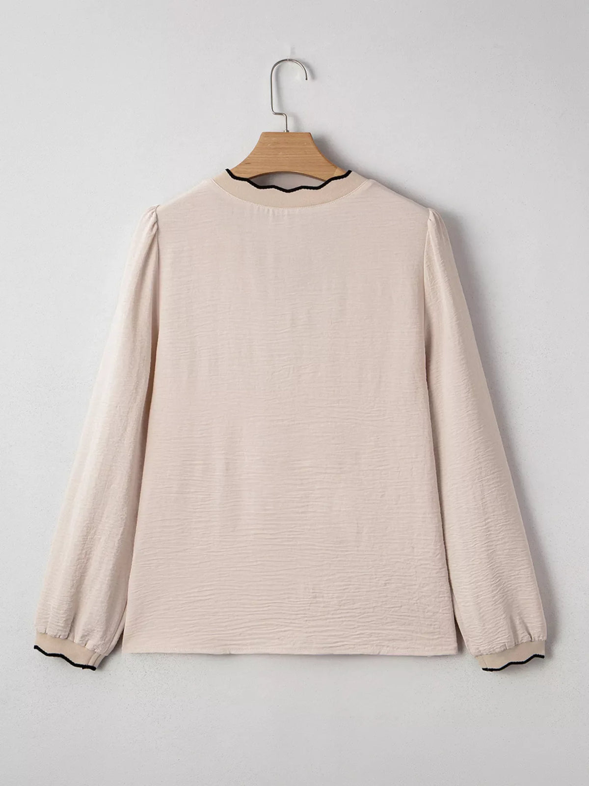 Contrast Scallop Trim V Neck Long Sleeve Blouse