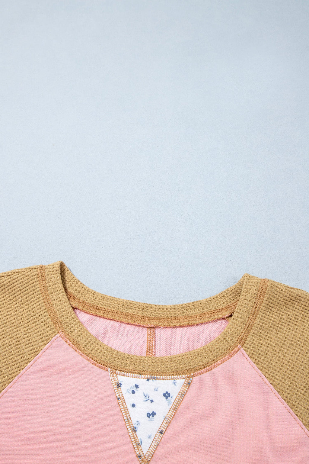 Apricot Pink Color Block Floral Waffle Mixed Patchwork Long Sleeve Top