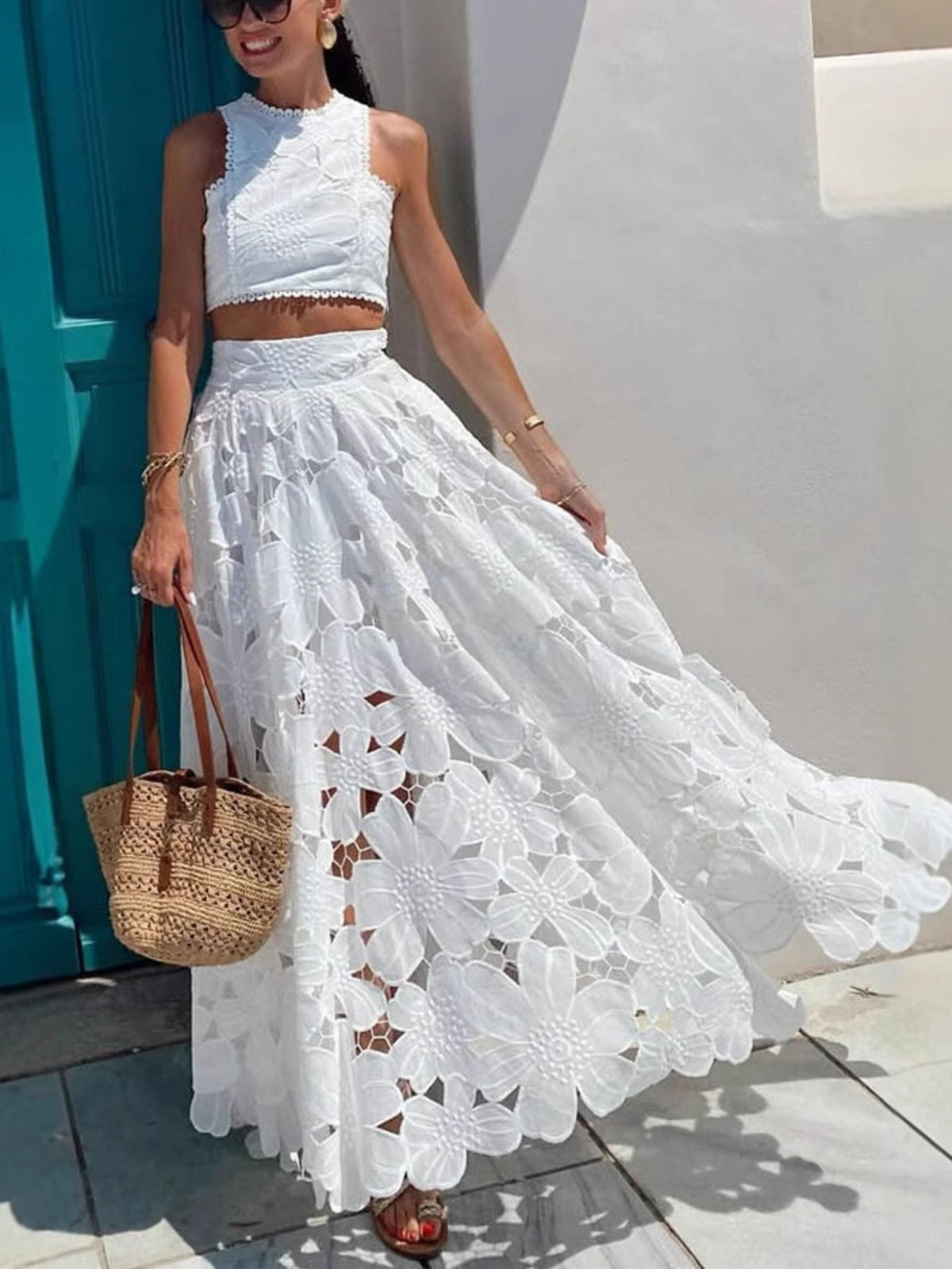 Floral Lace Tank and Skirt Set