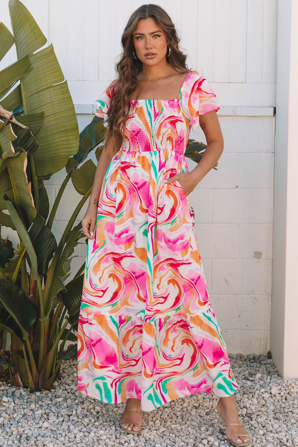 Abstract Ruffle Sleeve Smocked Maxi Dress