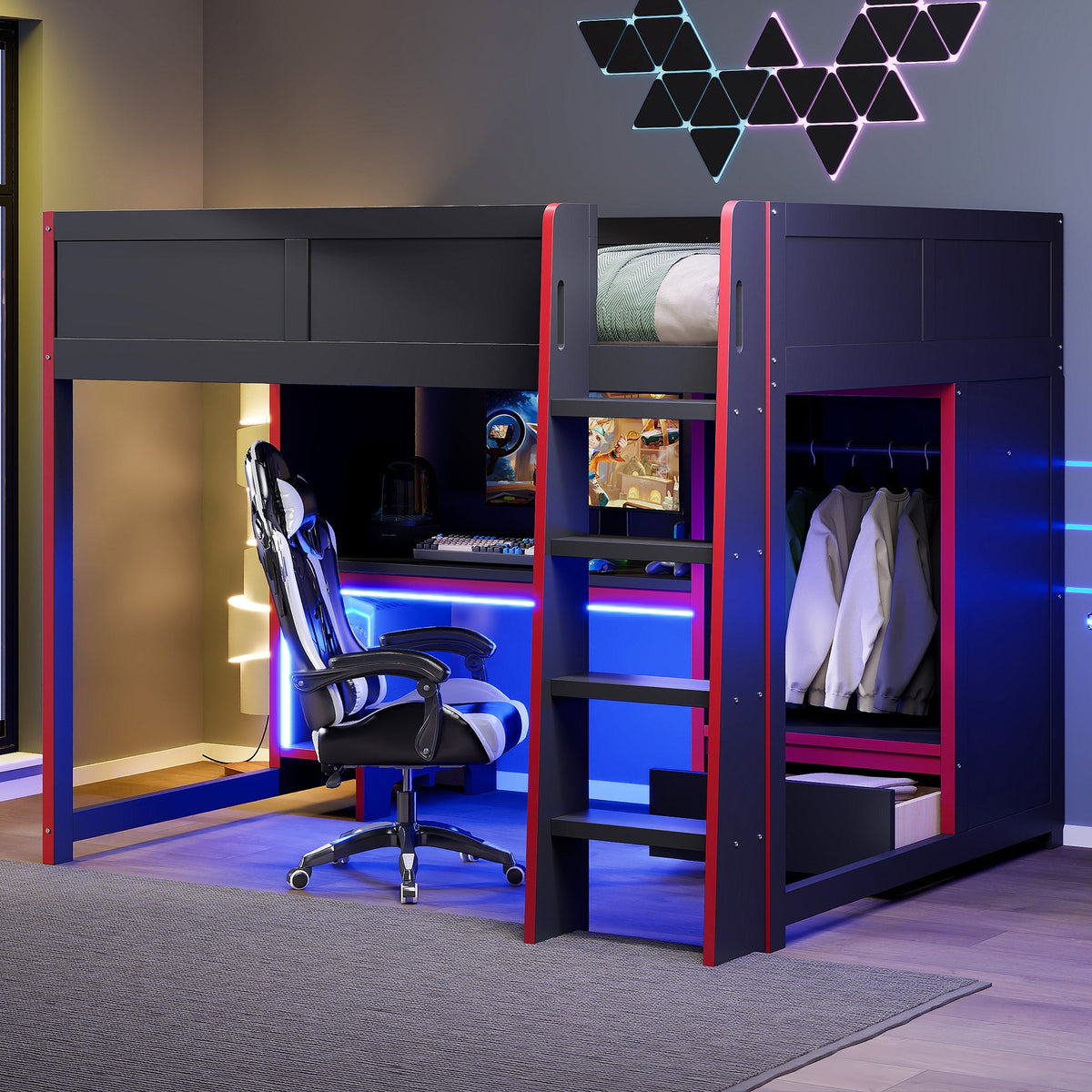 Wood Full Size Gaming Loft Bed with Built-in Desk, Wardrobe, LED and Drawer