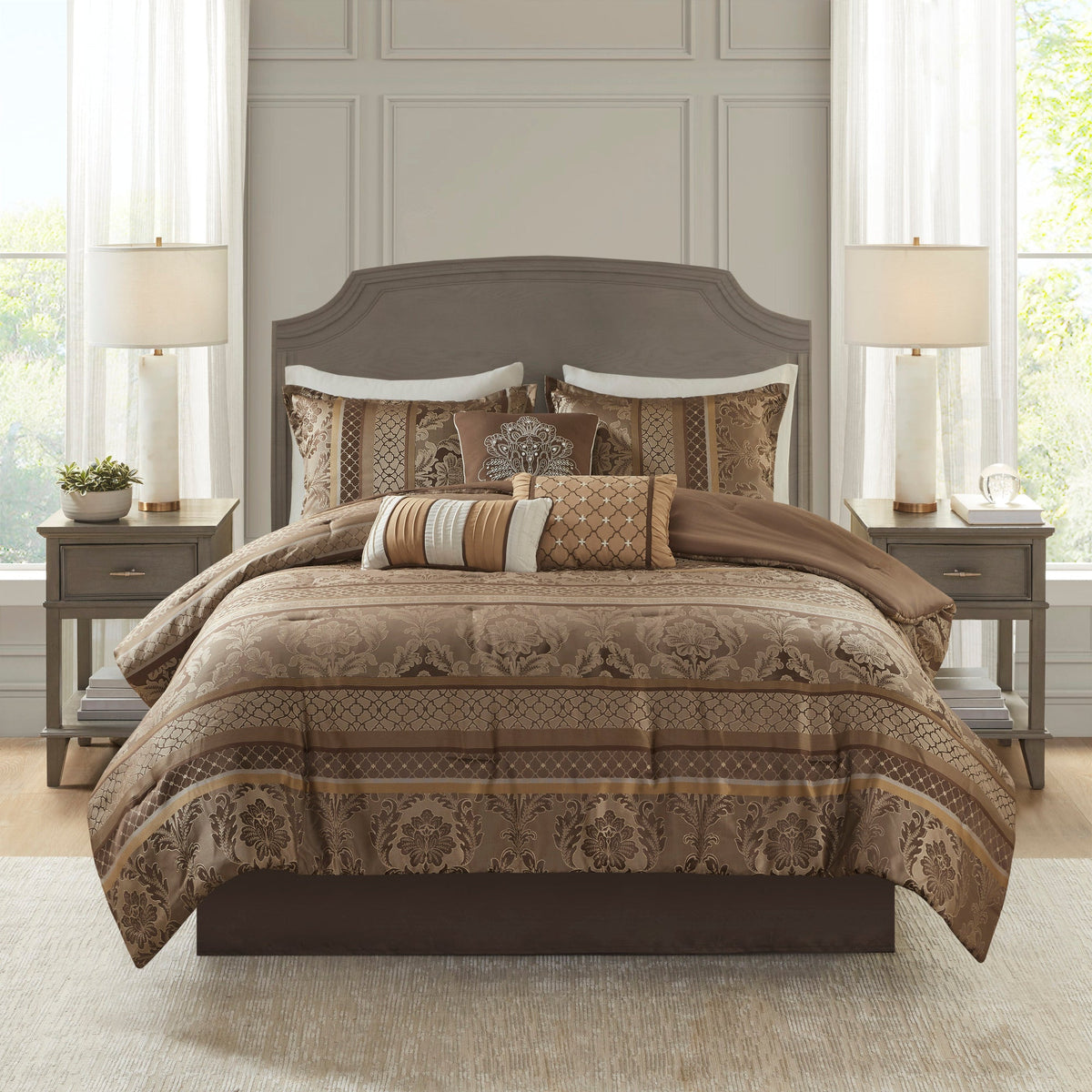 7 Piece Jacquard Comforter Set Brown/Gold King