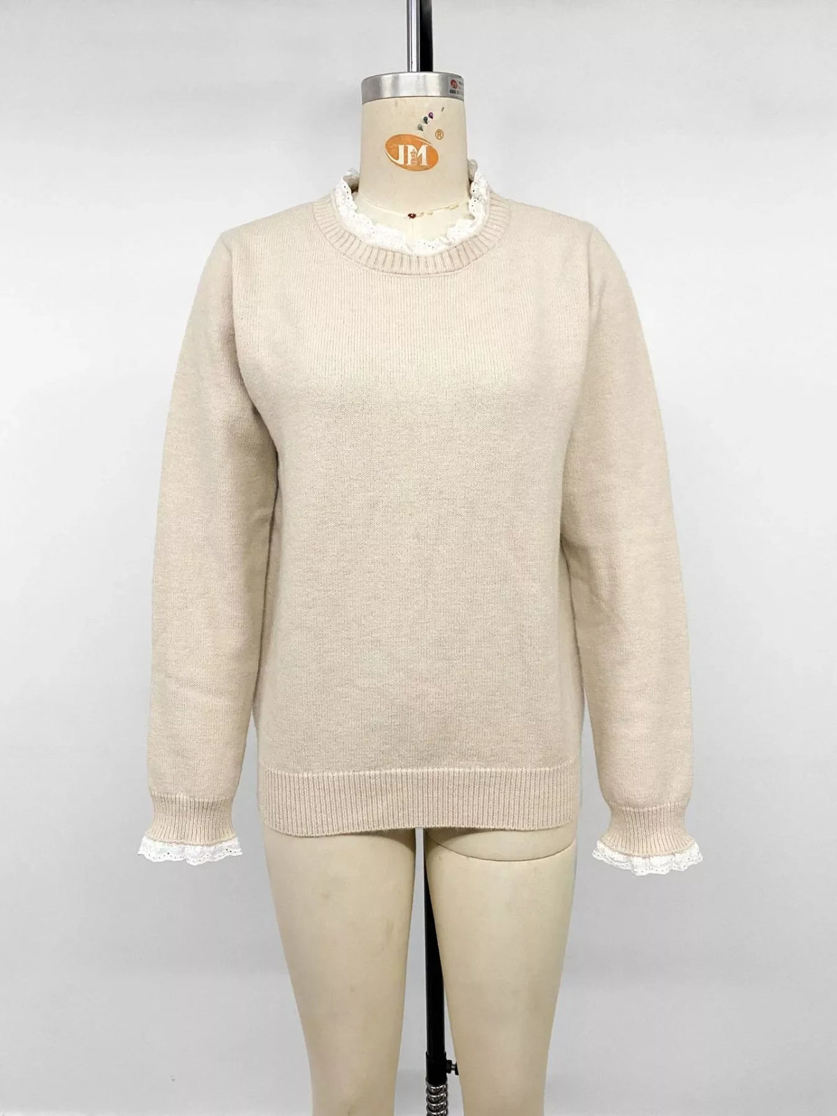Elegant Lace Trim Round Neck Sweater