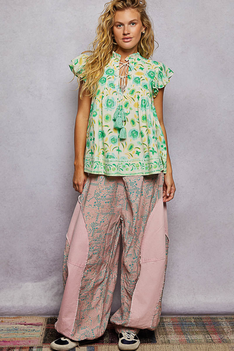 Mint Tassel Tied Floral Flutter Sleeve Blouse by POL