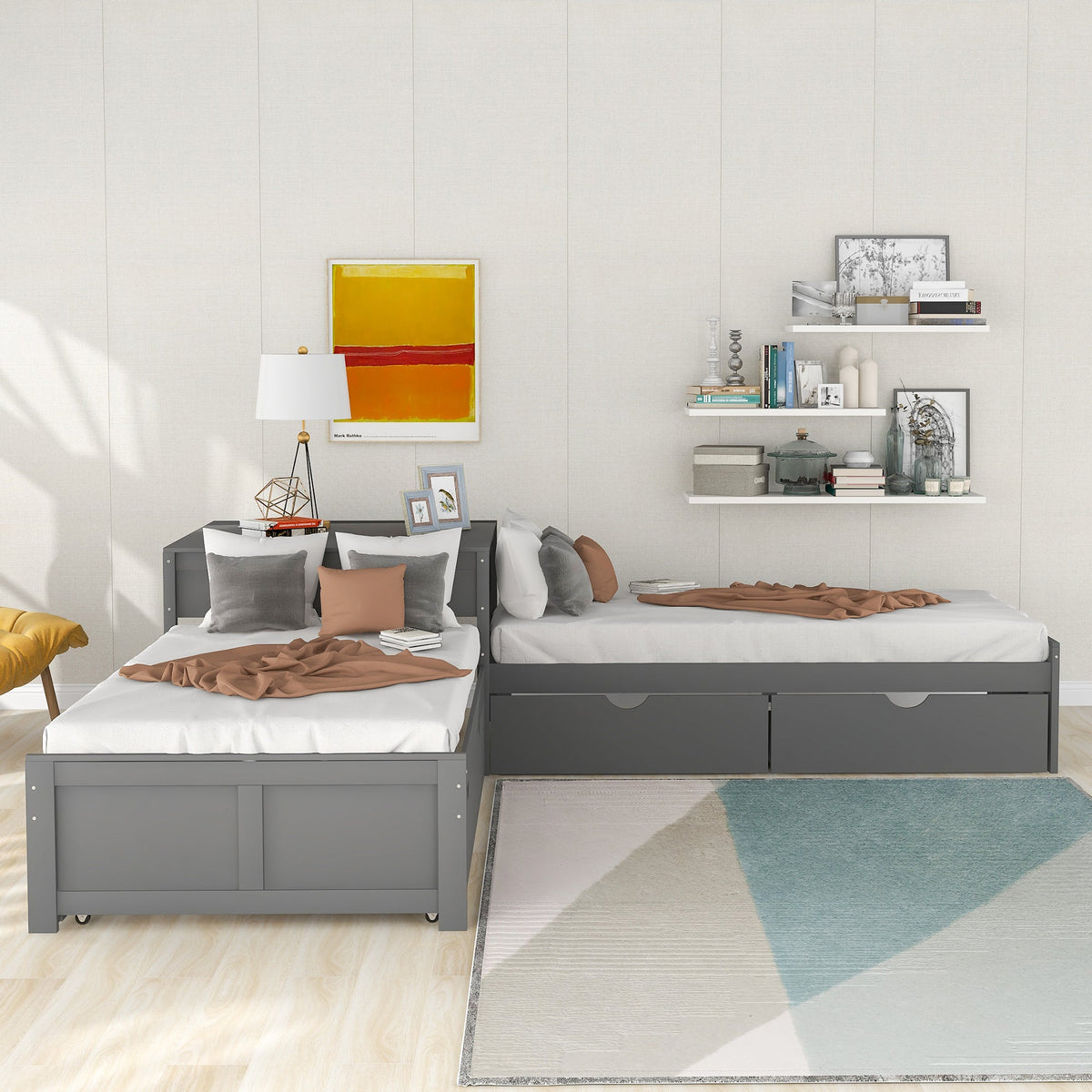 L-Shaped Platform Bed with Trundle and Built-In Desk - Gray