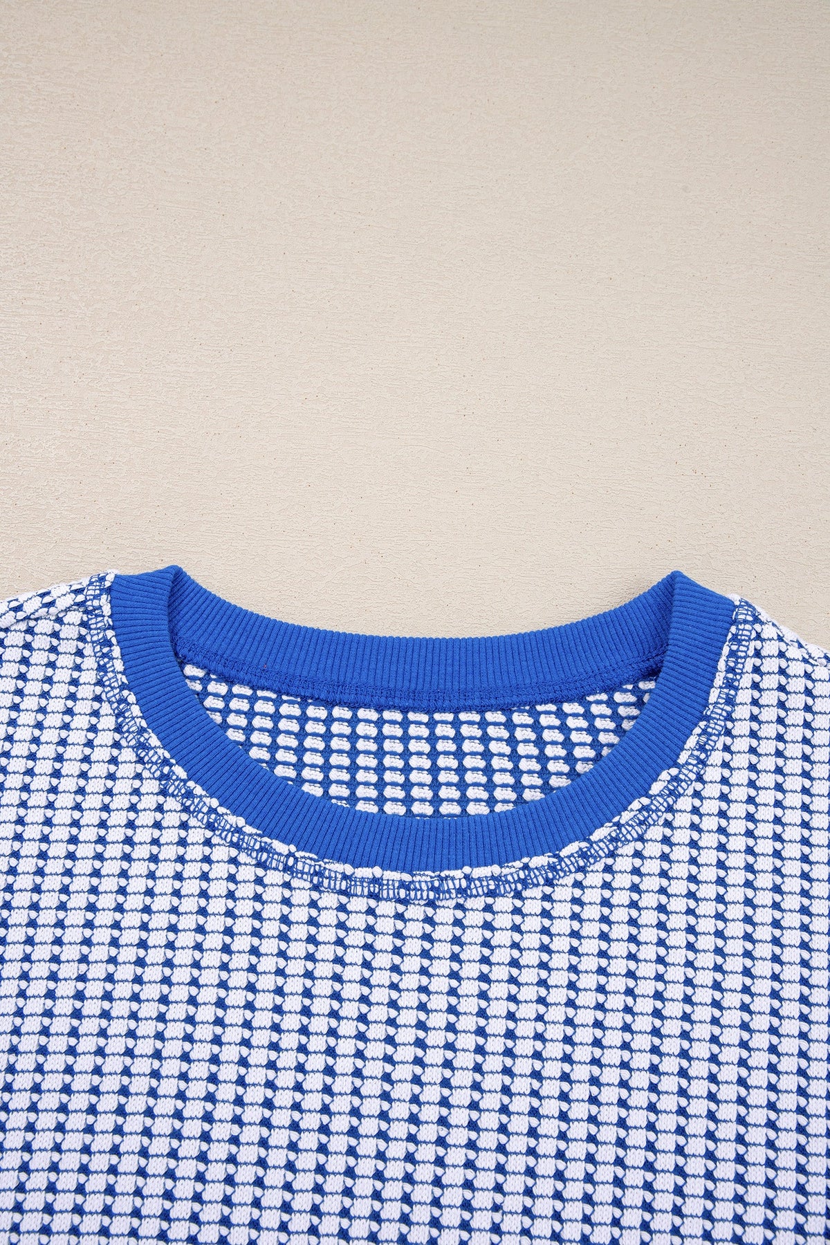 Dark Blue Waffle Knit Exposed Stitching Casual Top with Side Slits