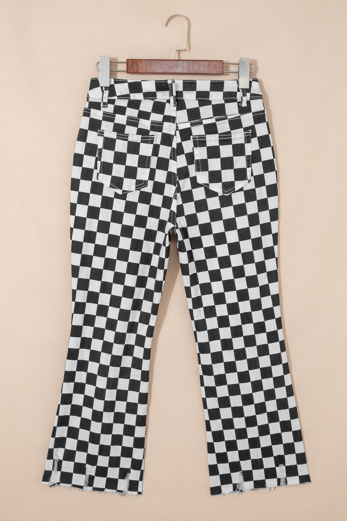 Black Checkerboard Print Distressed Holes Raw Edge Cropped Jeans