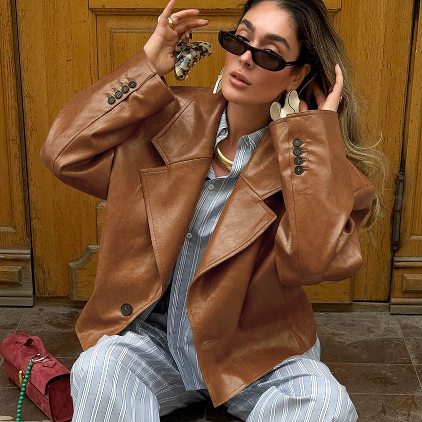 Suit Collar PU Leather Jacket Coat For Women