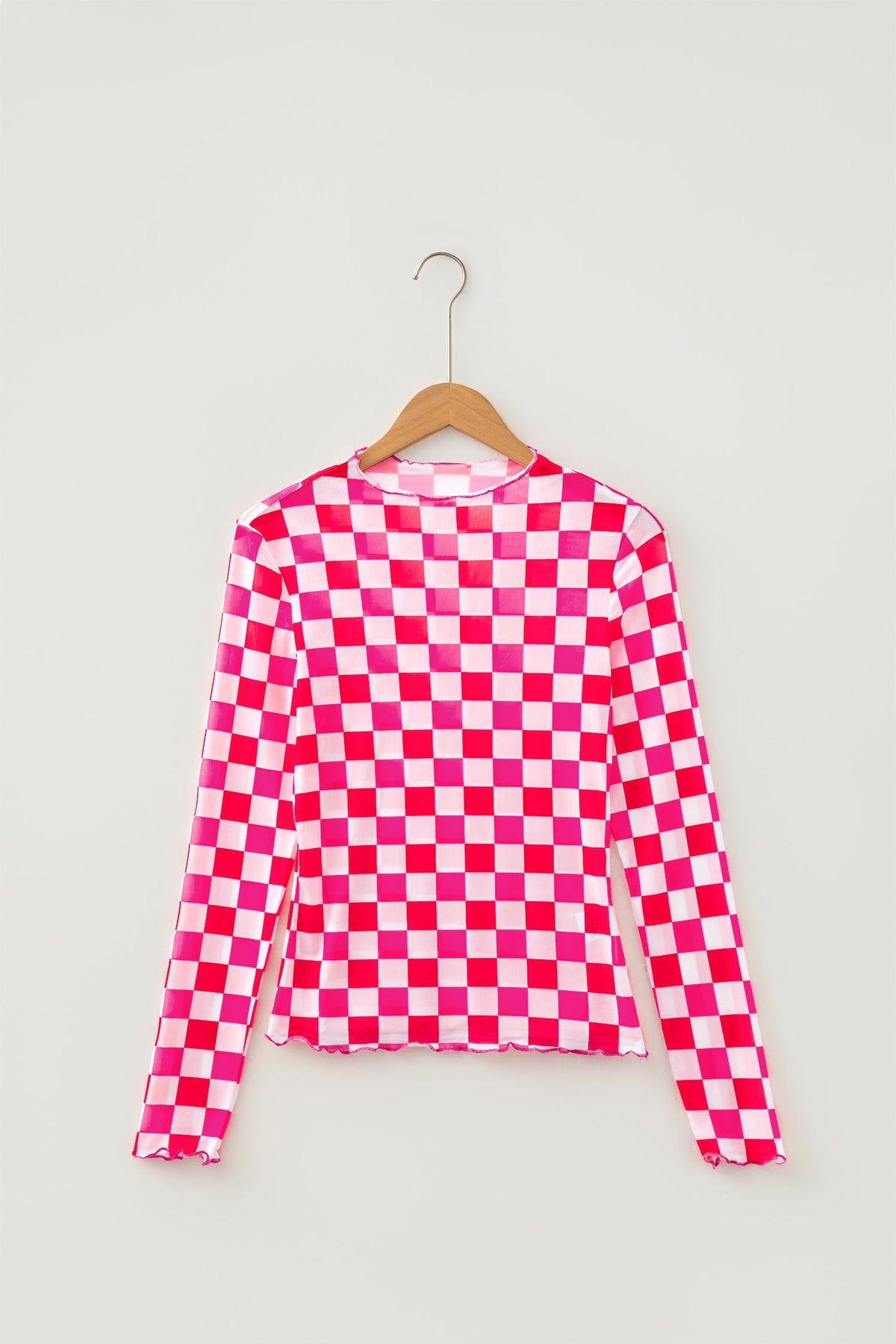 Checker Sheer Mesh Long Sleeve Blouse