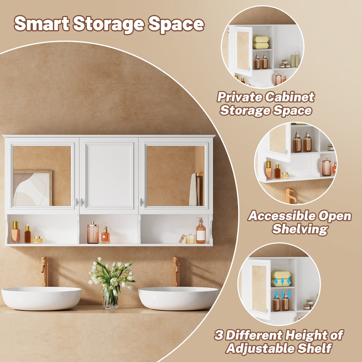 55 Inch Mirror Medicine Cabinet with Open Shelves