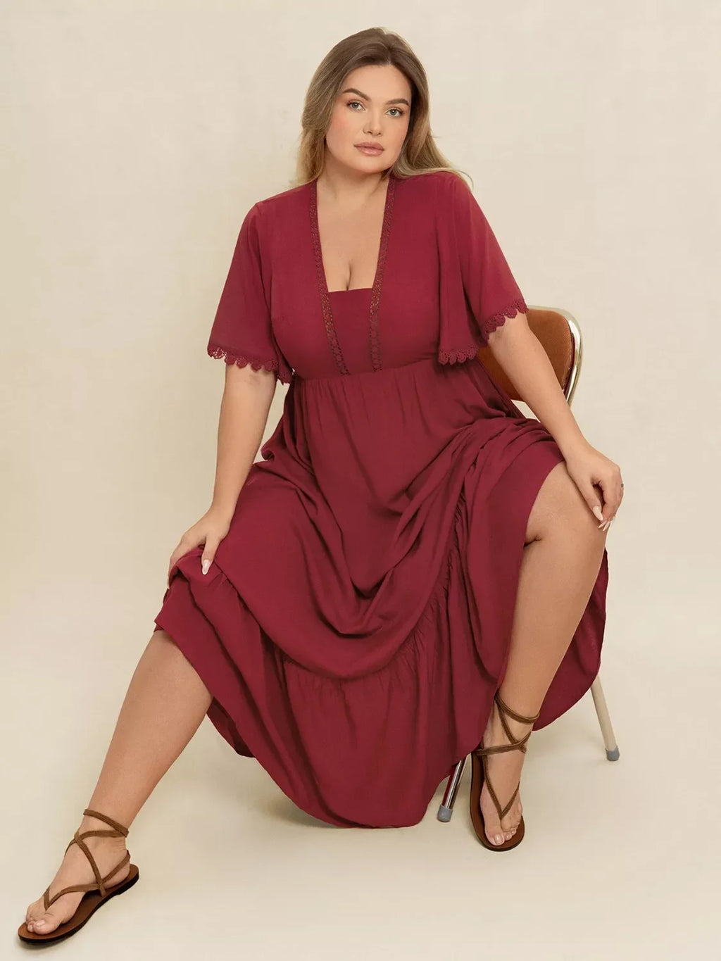 Plus Size Lace Detail Flutter Sleeve Maxi Dress