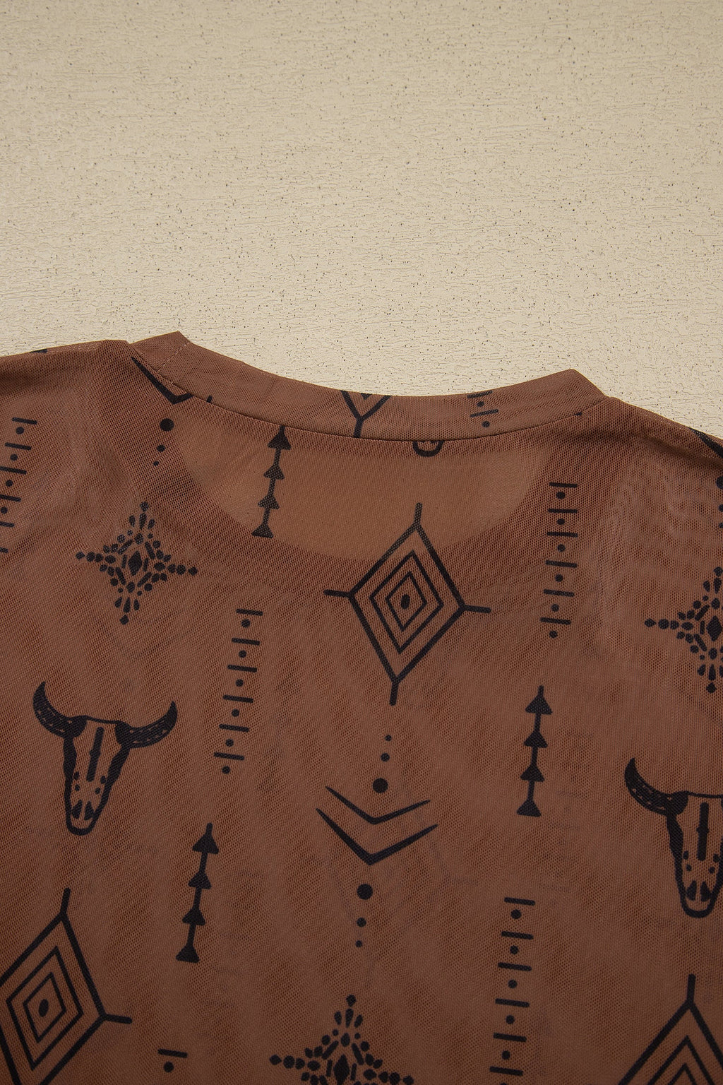 Chestnut Retro Western Print Mesh Long Sleeve Sheath Top