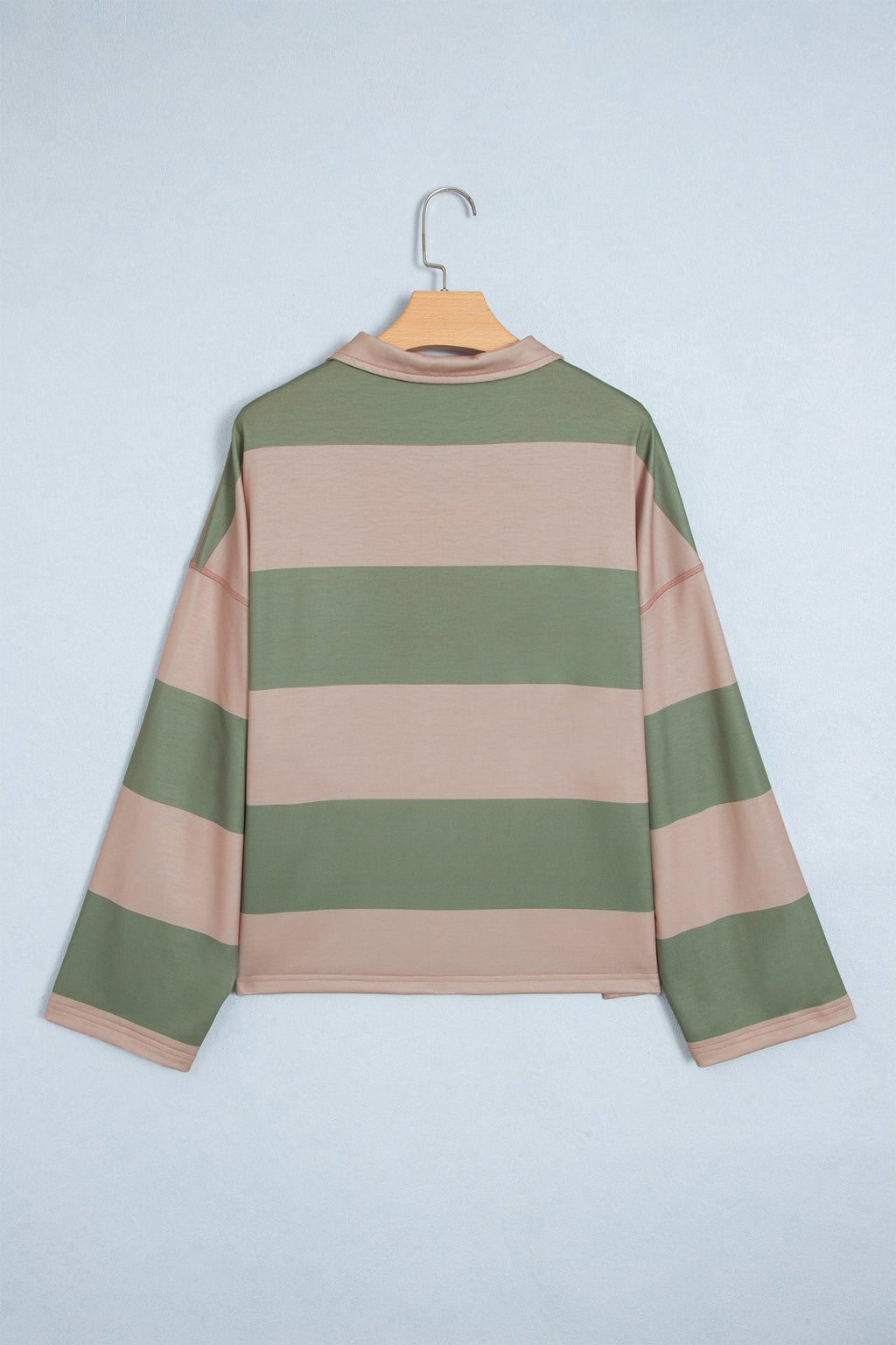 Green Striped Colorblock Zipper Pullover Long Sleeve Loose Top
