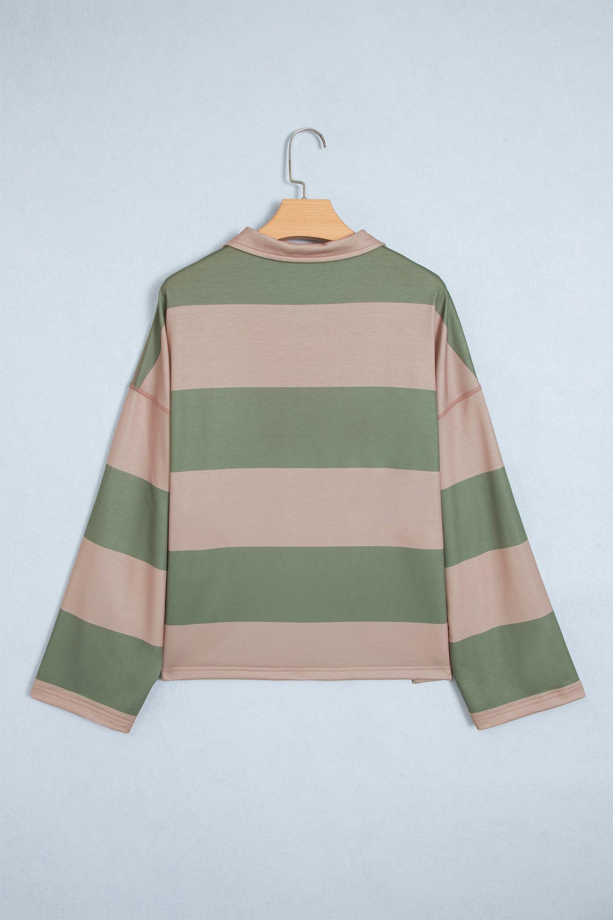 Green Striped Colorblock Zipper Pullover Long Sleeve Loose Top