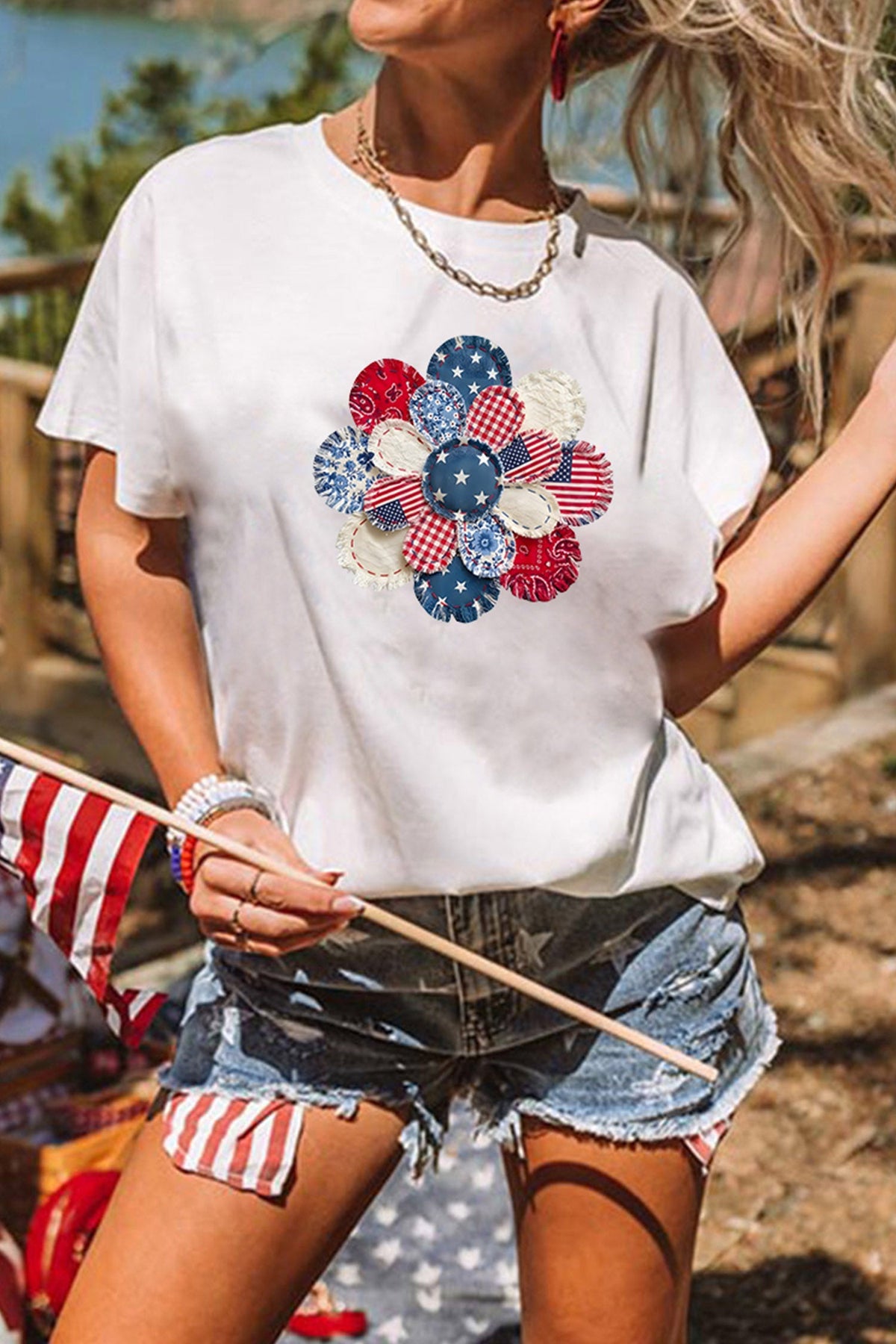 White Faux Patchwork Patriotic Flower Printed T Shirt