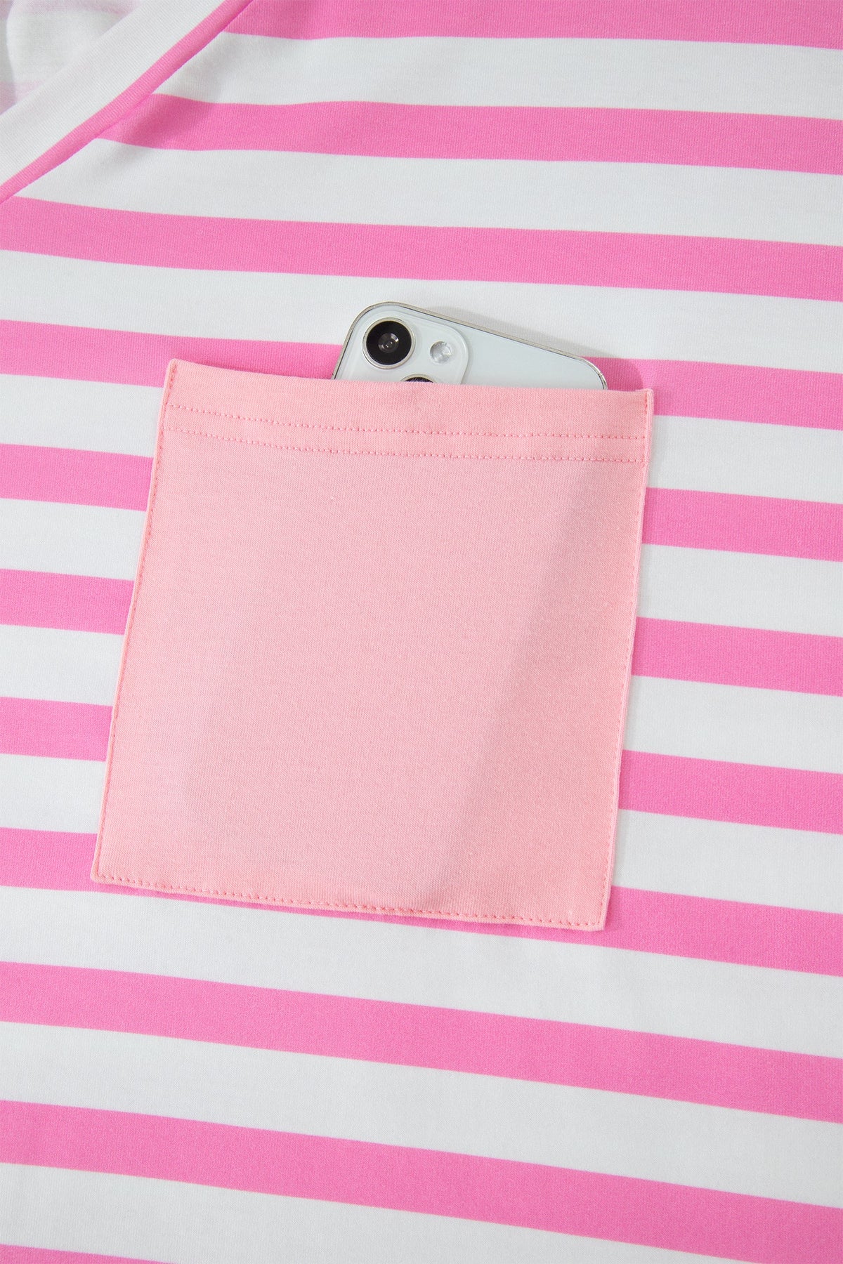 Pink Stripe Colorblock Patched Pocket V Neck Plus Size Tee