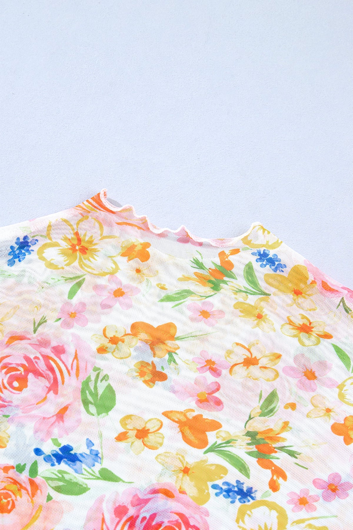 Floral Sheer Mesh Lettuce Trim Long Sleeve Top