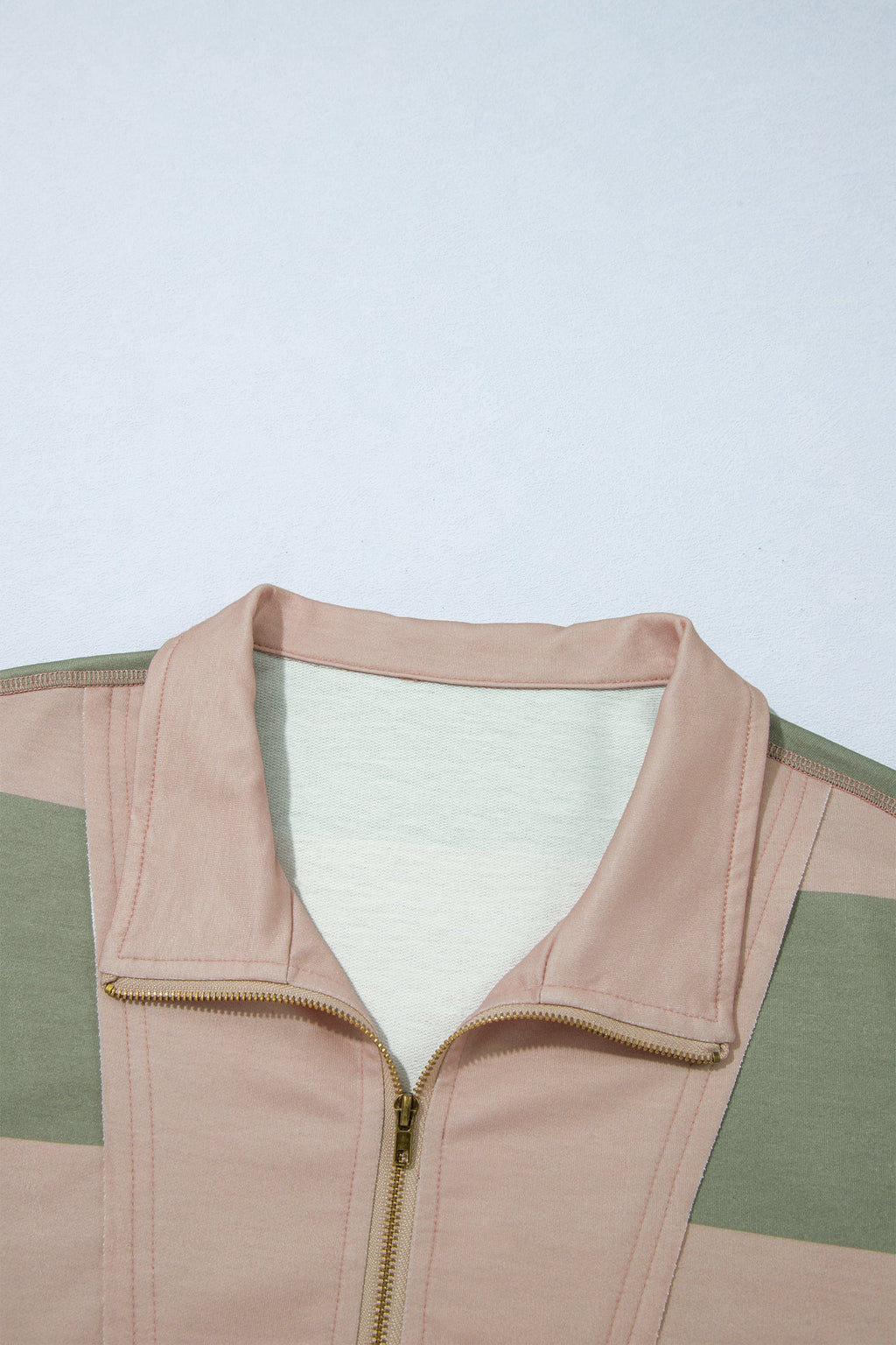 Green Striped Colorblock Zipper Pullover Long Sleeve Loose Top