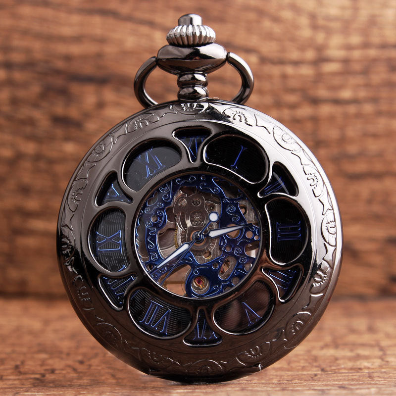 Gun-black Petal Blue-dial Mechanical Pocket Watch