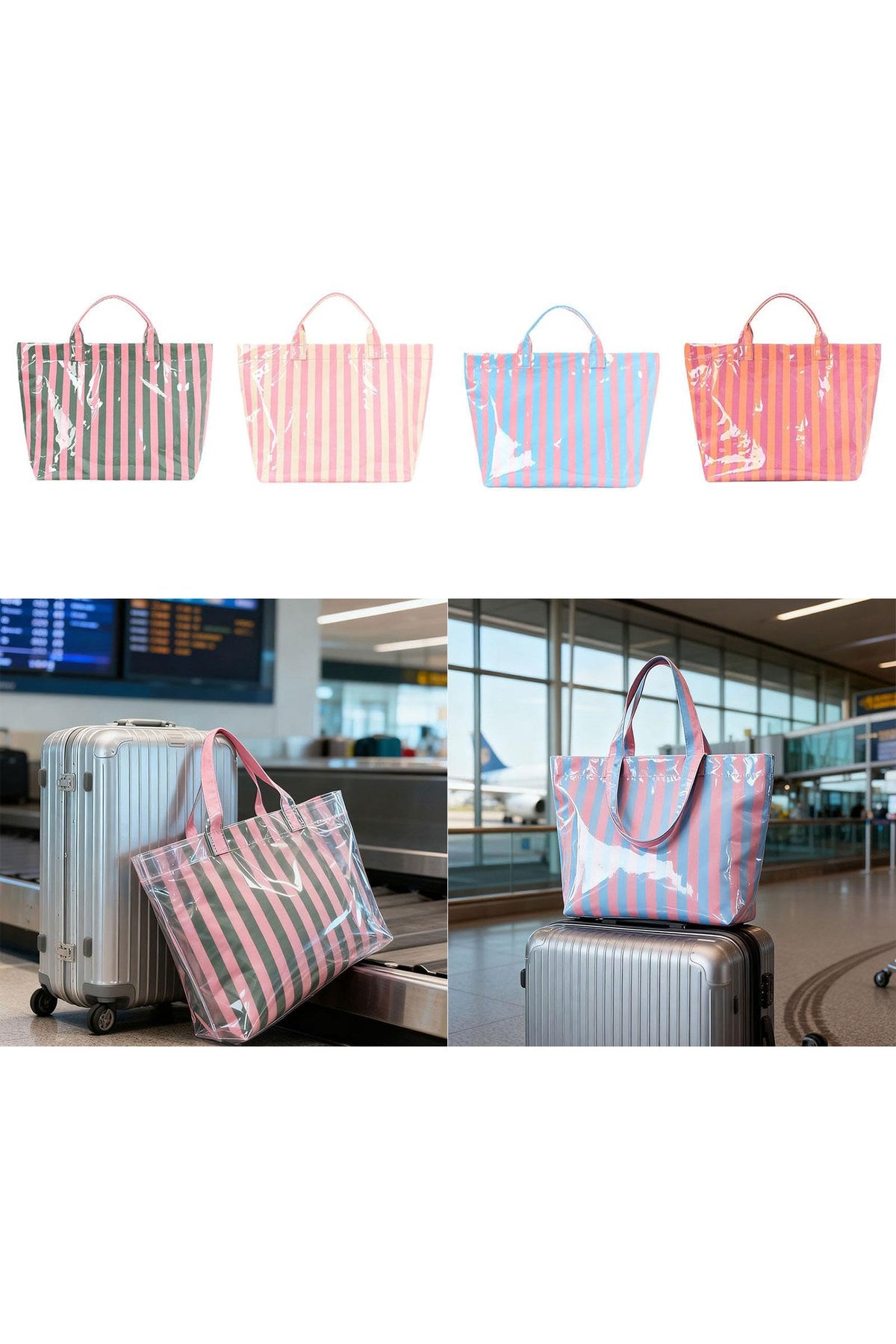 Pink Glossy Striped Vinyl Large Tote Bag