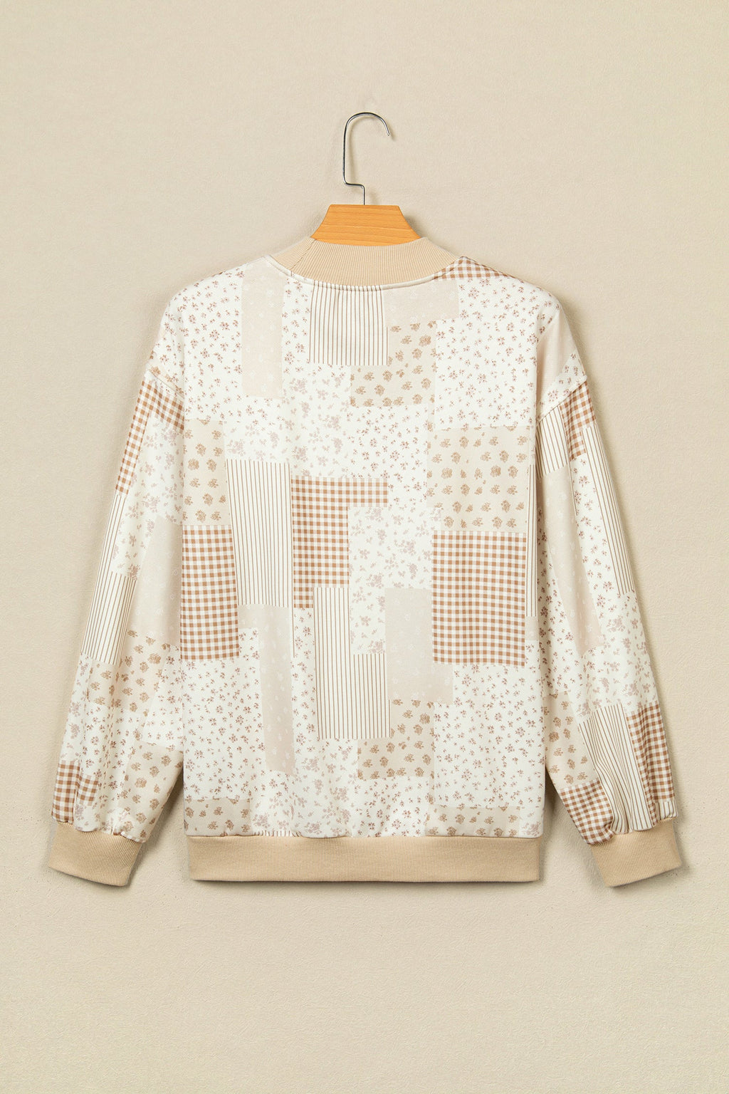 Sky Blue Patchwork Floral Print Mock Neck Long Sleeve Sweatshirt