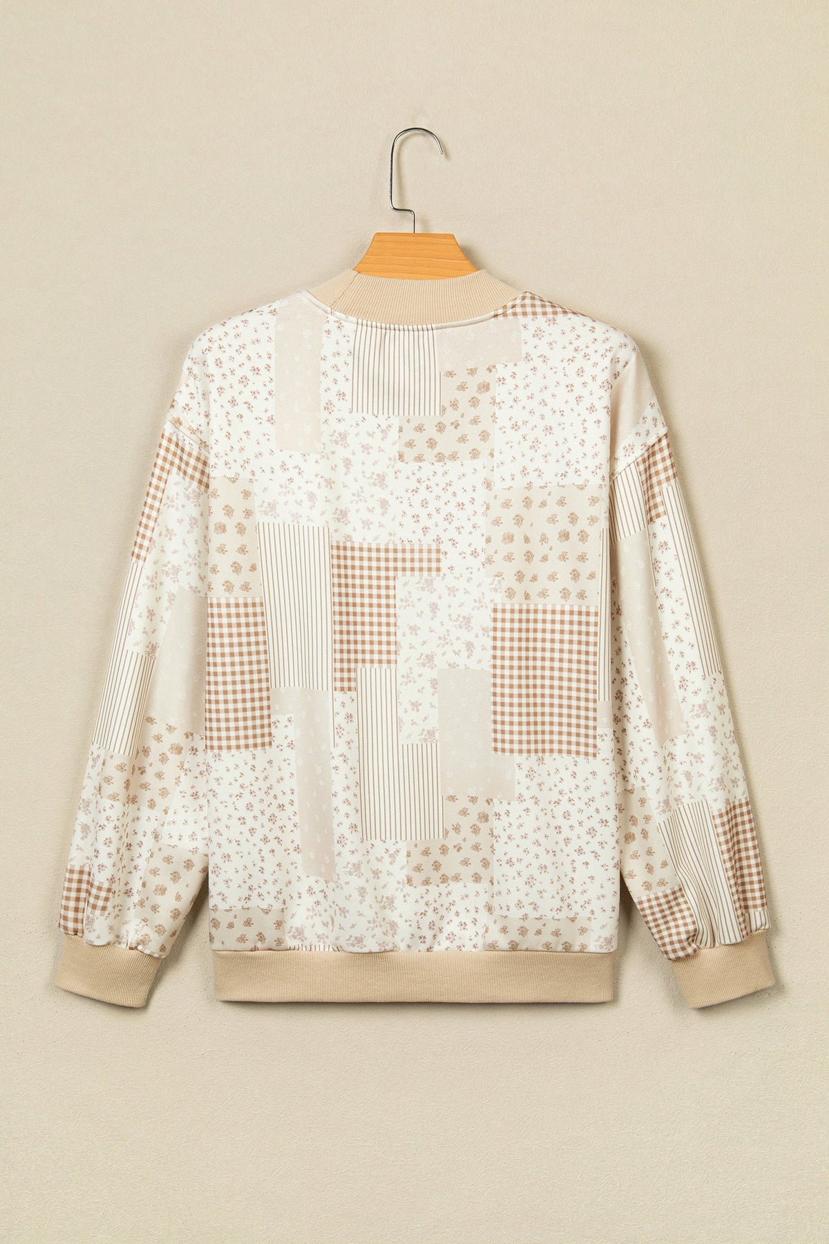 Sky Blue Patchwork Floral Print Mock Neck Long Sleeve Sweatshirt
