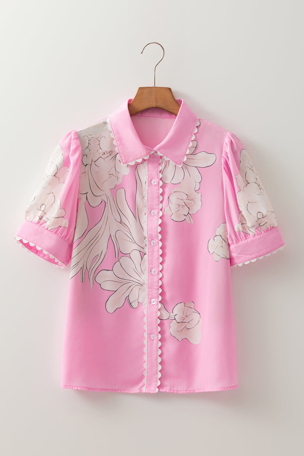 Floral Ricrac Trim Puff Sleeve Buttoned Shirt