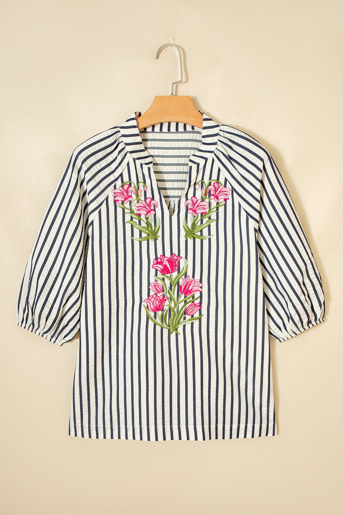 Stripe Floral Embroidered V-Neck 3/4 Sleeve Blouse