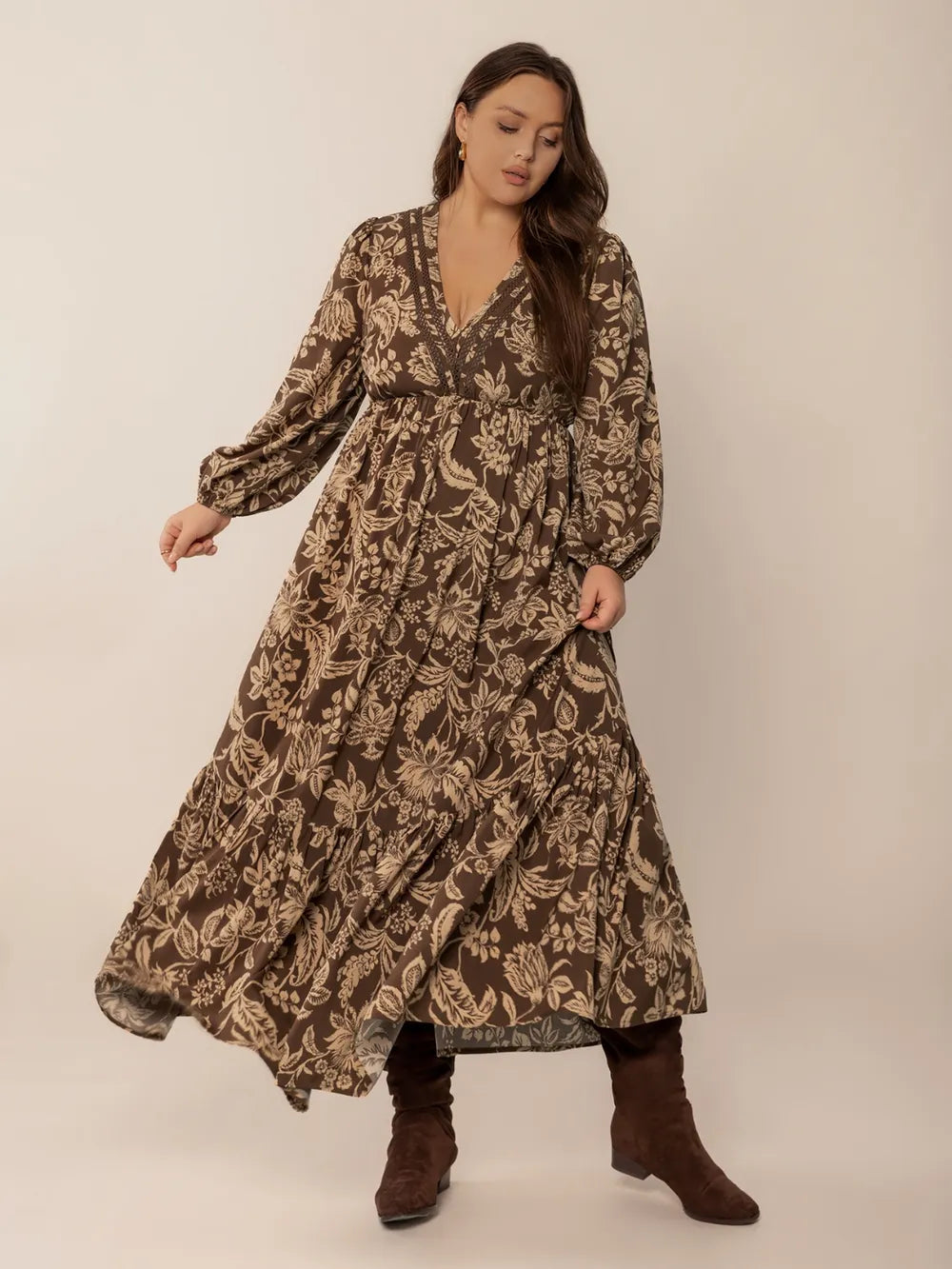 Plus Size Printed V-Neck Balloon Sleeve Maxi Dress