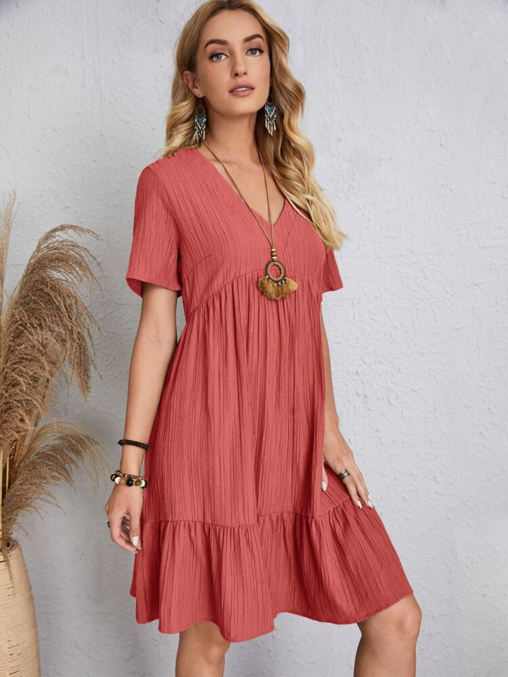 Classic Full Size V-Neck Short Sleeve Dress Casual & Comfortable Dress for Women