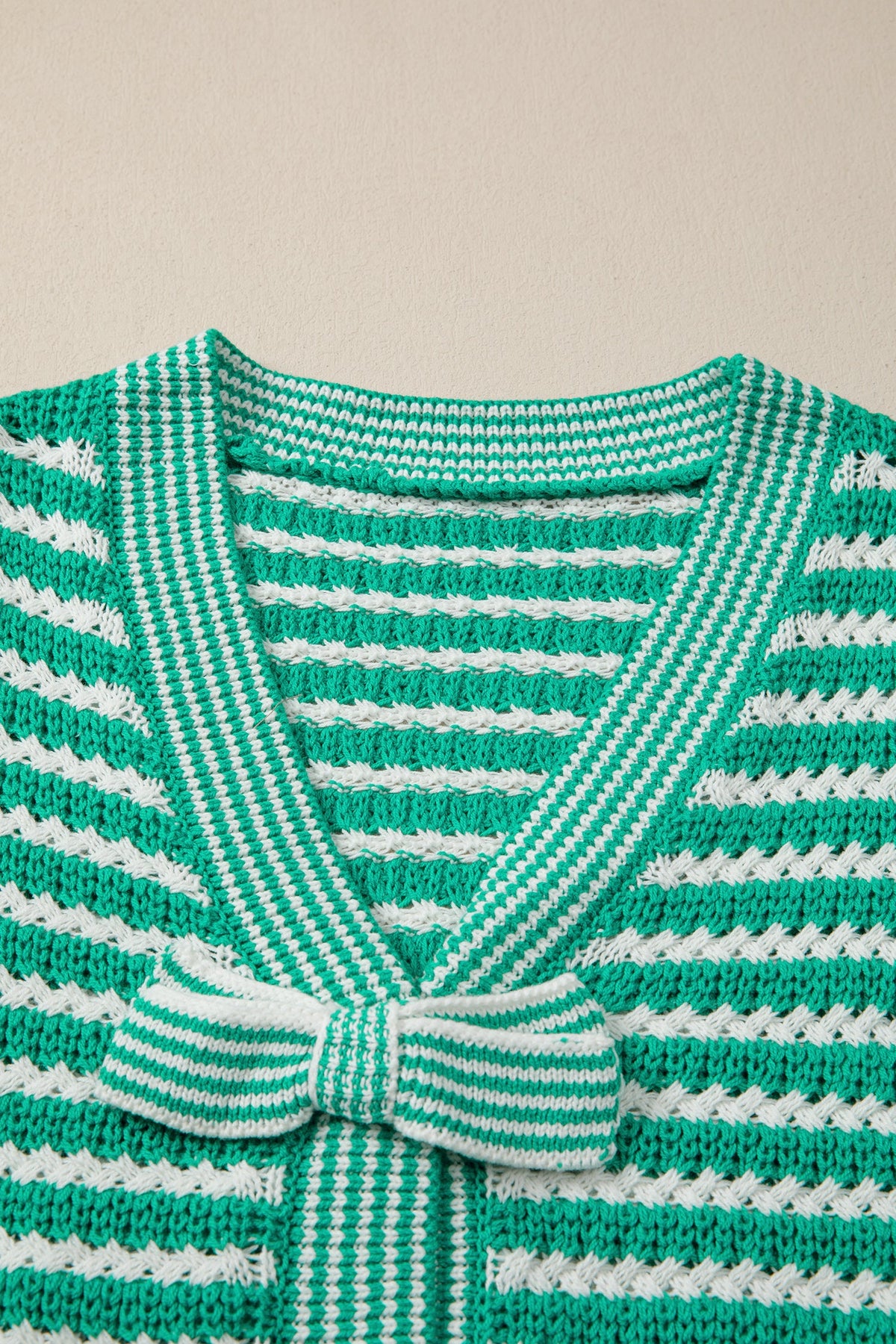 Stripe Bow Tie V-Neck Short Sleeve Sweater