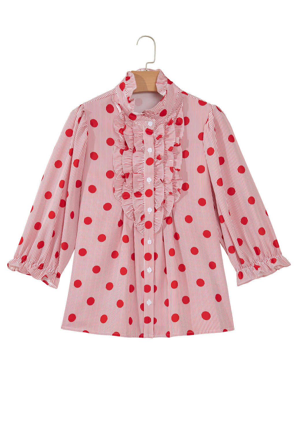 Sky Blue Polka Dot Print Ruffle Stand Neck 3/4 Sleeve Shift Shirt