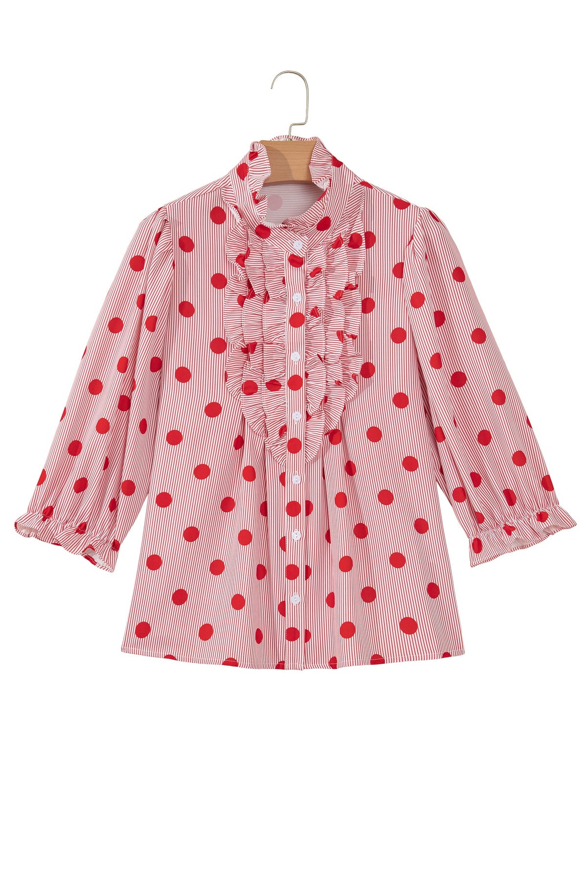 Sky Blue Polka Dot Print Ruffle Stand Neck 3/4 Sleeve Shift Shirt