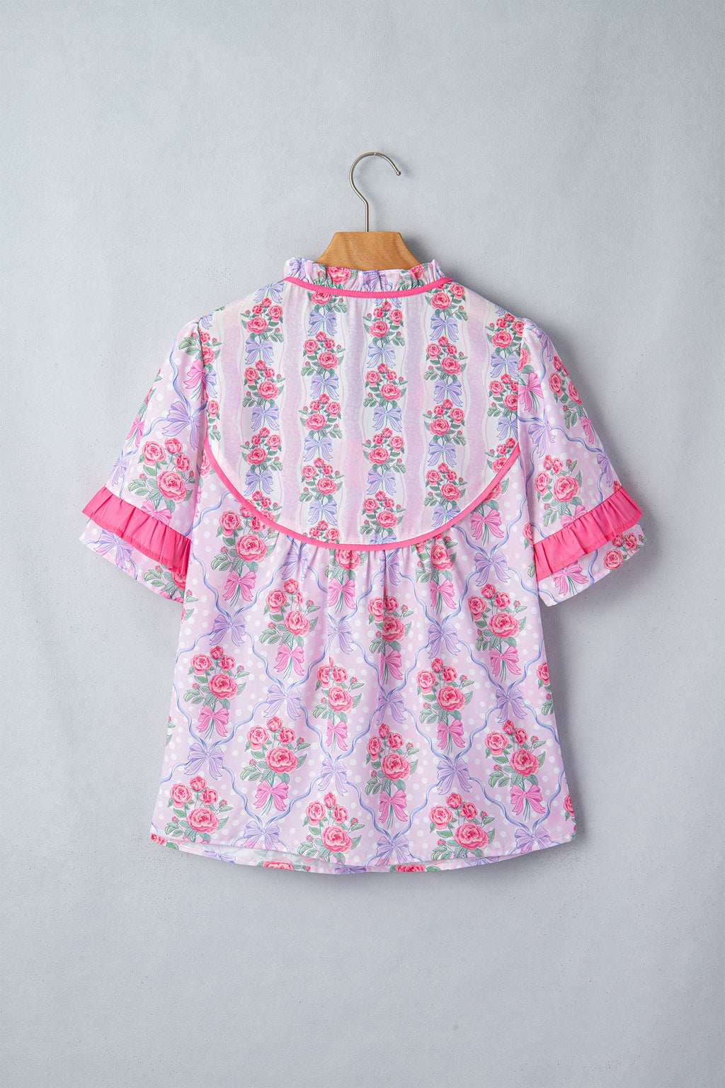Floral Coquette Bow Ruffle Short Sleeve Blouse