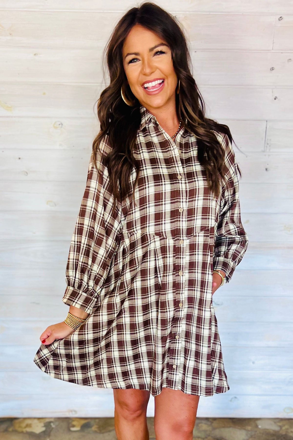 Brown Plaid Long Sleeve Short Shift Mini Dress