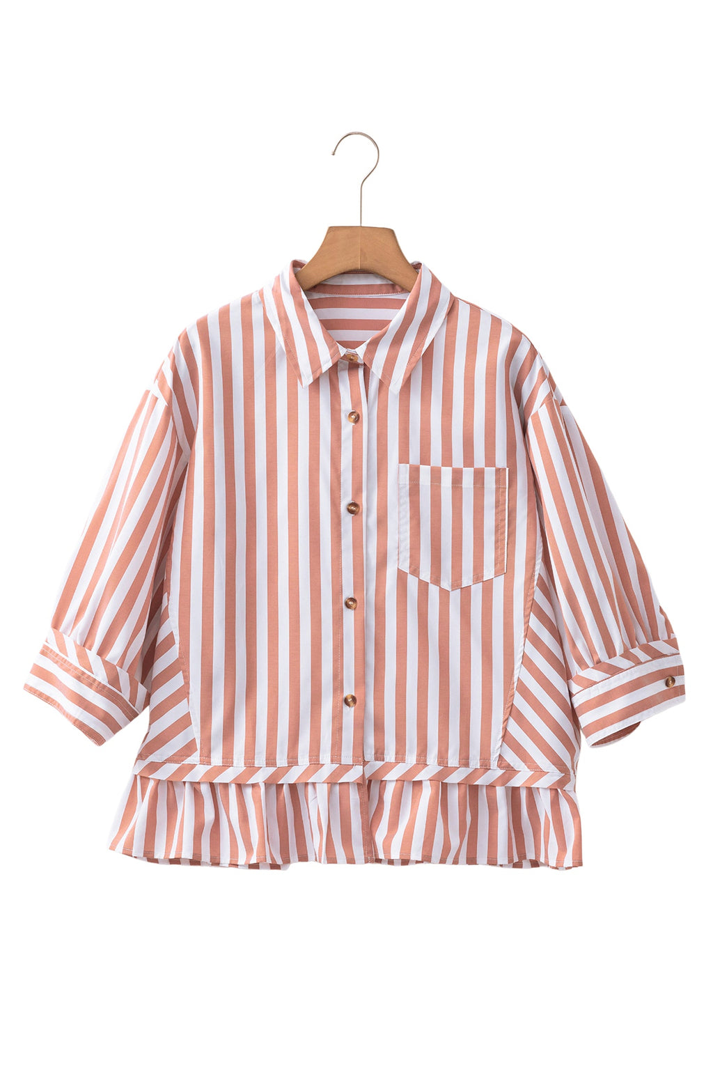 Khaki Stripe Collar Button Front Bracelet Sleeve Ruffle Hem Shirt