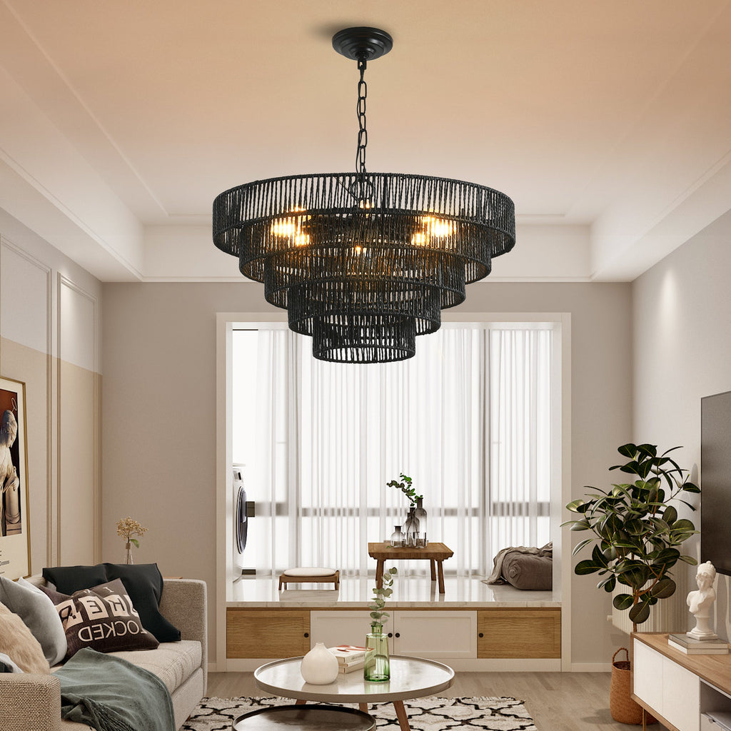 24" Rustic 5-Tier Black Hemp Rope Pendant Light