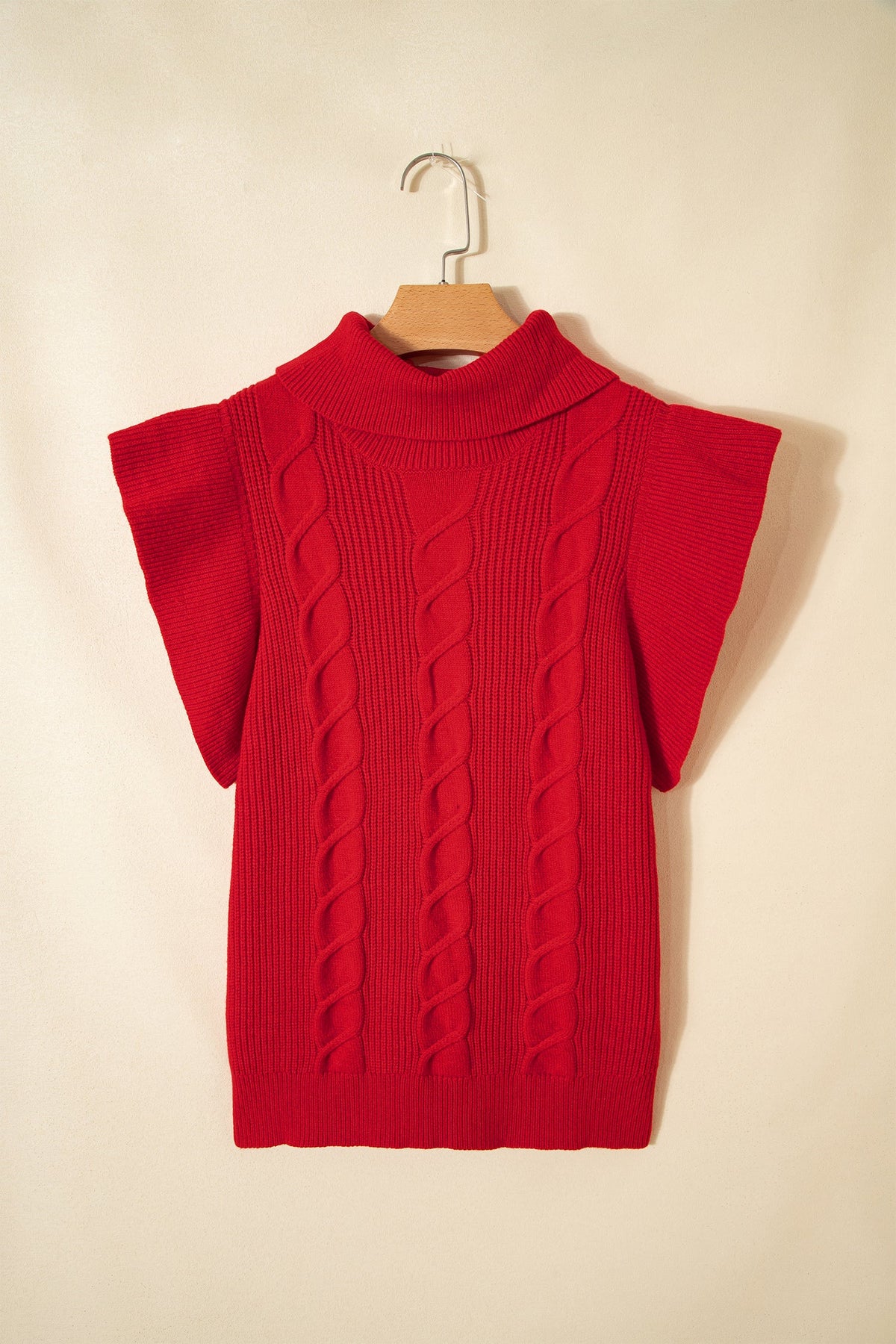 Cable Knit Turtleneck Ruffle Short Sleeve Sweater