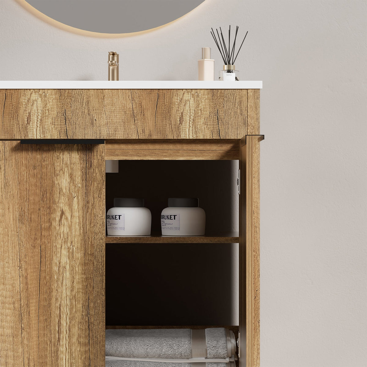 30-Inch Floor-Standing Bathroom Vanity with 3D Grooved Panel and Integrated Ceramic Sink