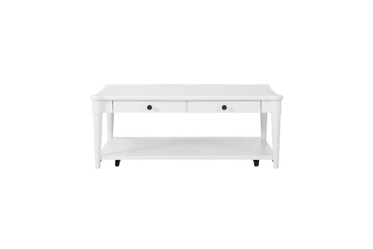 White Finished Cocktail Table With Two Storage Drawers and Casters