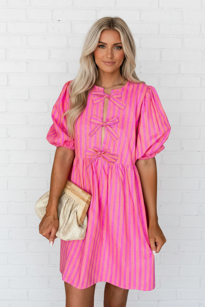 Stripe Bow Tie Front Short Puff Sleeve Dress