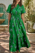 Floral Split Neck Shirred High Waist Maxi Dress
